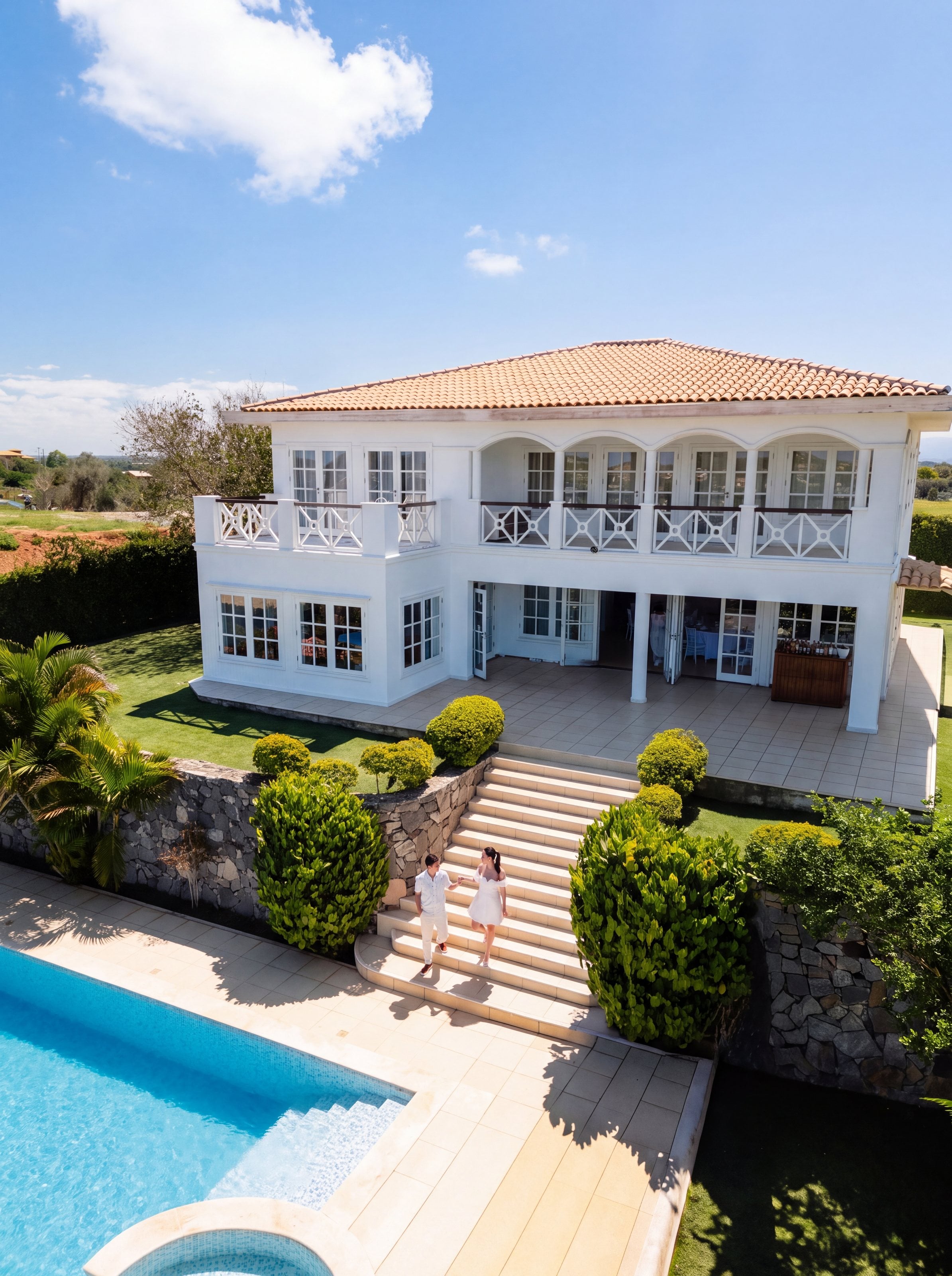 Vista aérea da Mansão Athenas: casa branca de dois pavimentos com telhado de cerâmica, varanda em arcos, escadaria com um casal vestido de branco e a piscina em primeiro plano