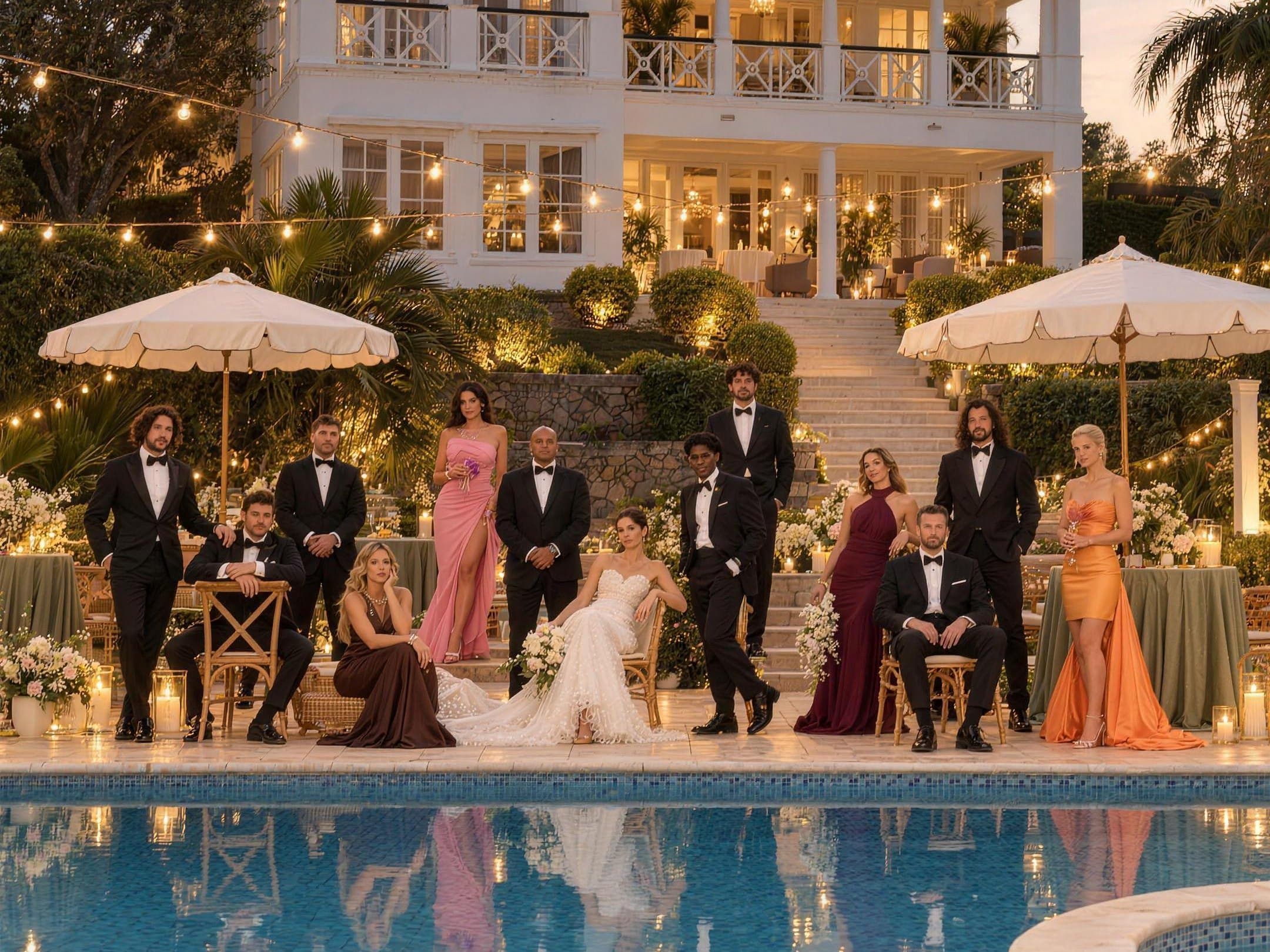 Noivos e convidados em traje de gala à beira da piscina, com a casa iluminada ao fundo