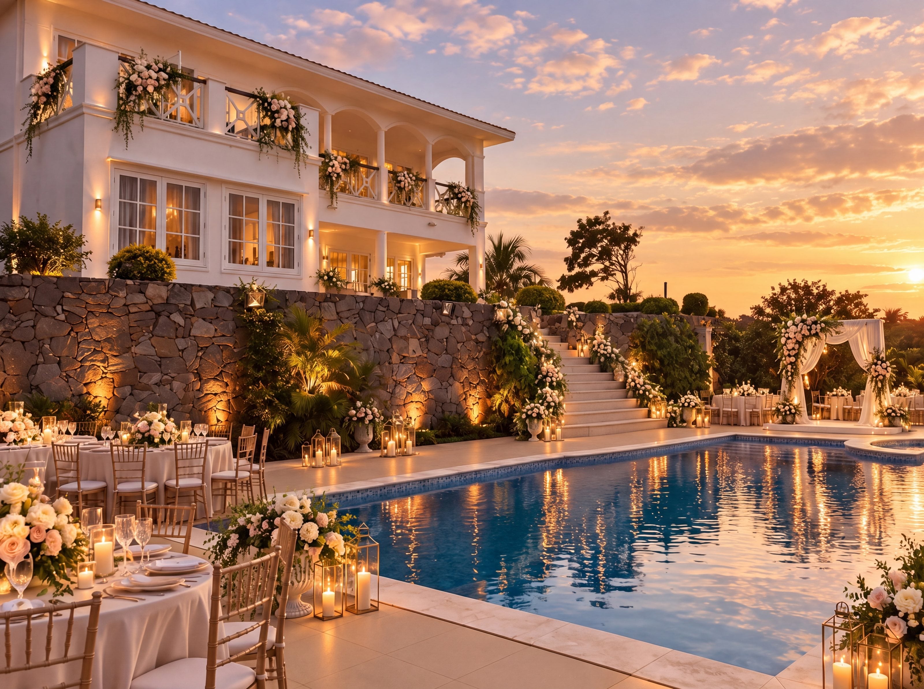 Recepção de casamento ao entardecer à beira da piscina, com mesas, flores, velas e arco de cerimônia