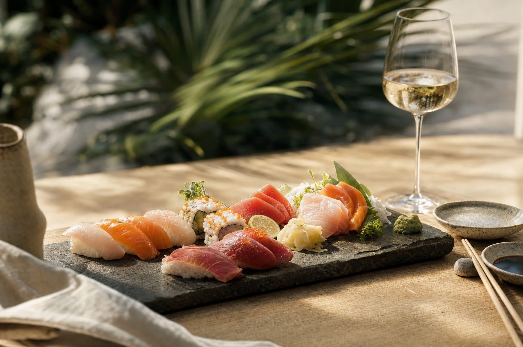 Imagem ilustrativa: sushis e sashimis sobre uma pedra escura, com taça de vinho branco